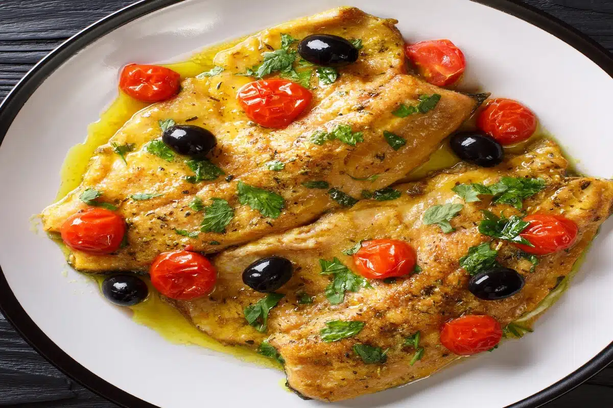 spicy trout fillet with garlic lemon butter sauce, tomatoes and olives close up on a plate. horizontal top view