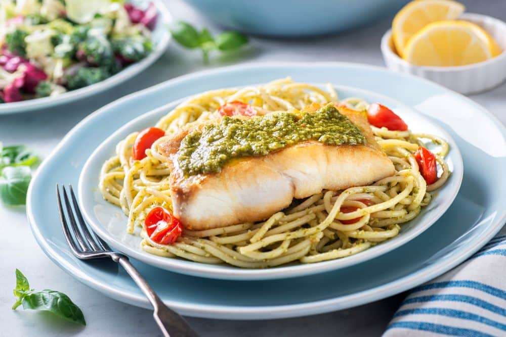 Halibut with Pesto and Tomatoes Frozen Fish Direct