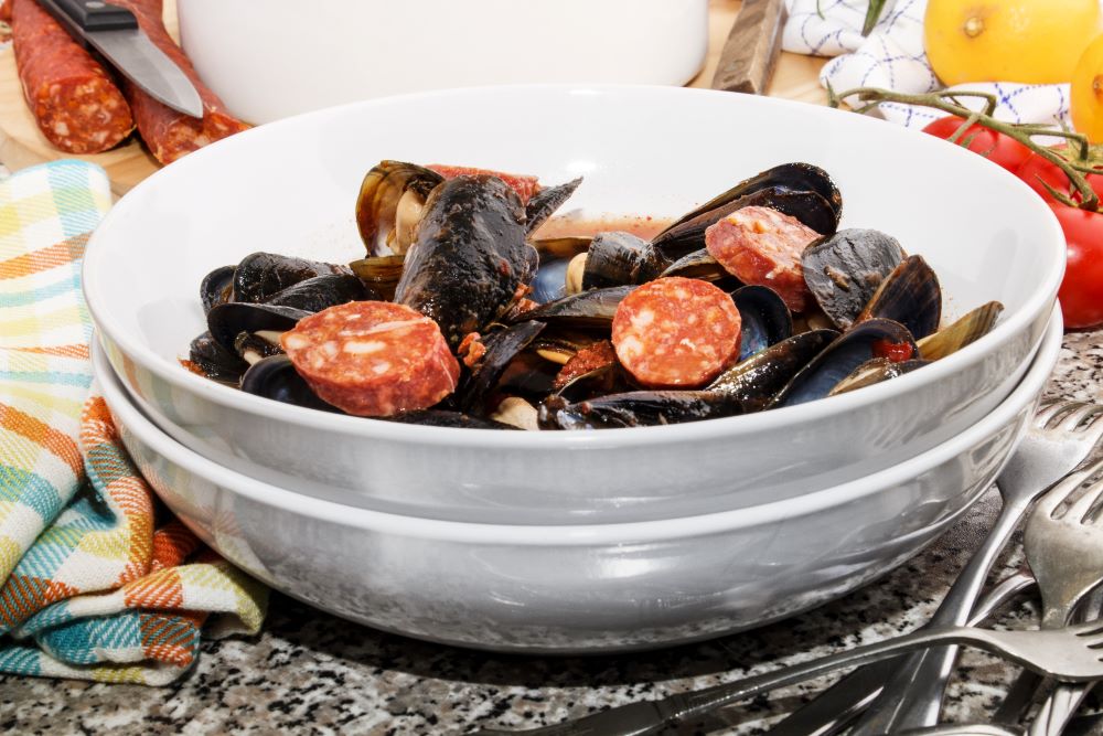 Mussels and Chorizo in Tomato Broth Frozen Fish Direct