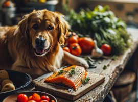 001 dog enjoying salmon and vegetables in serene scene 0 0