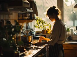 001 woman preparing fish recipes for cat in home kitchen 0 0