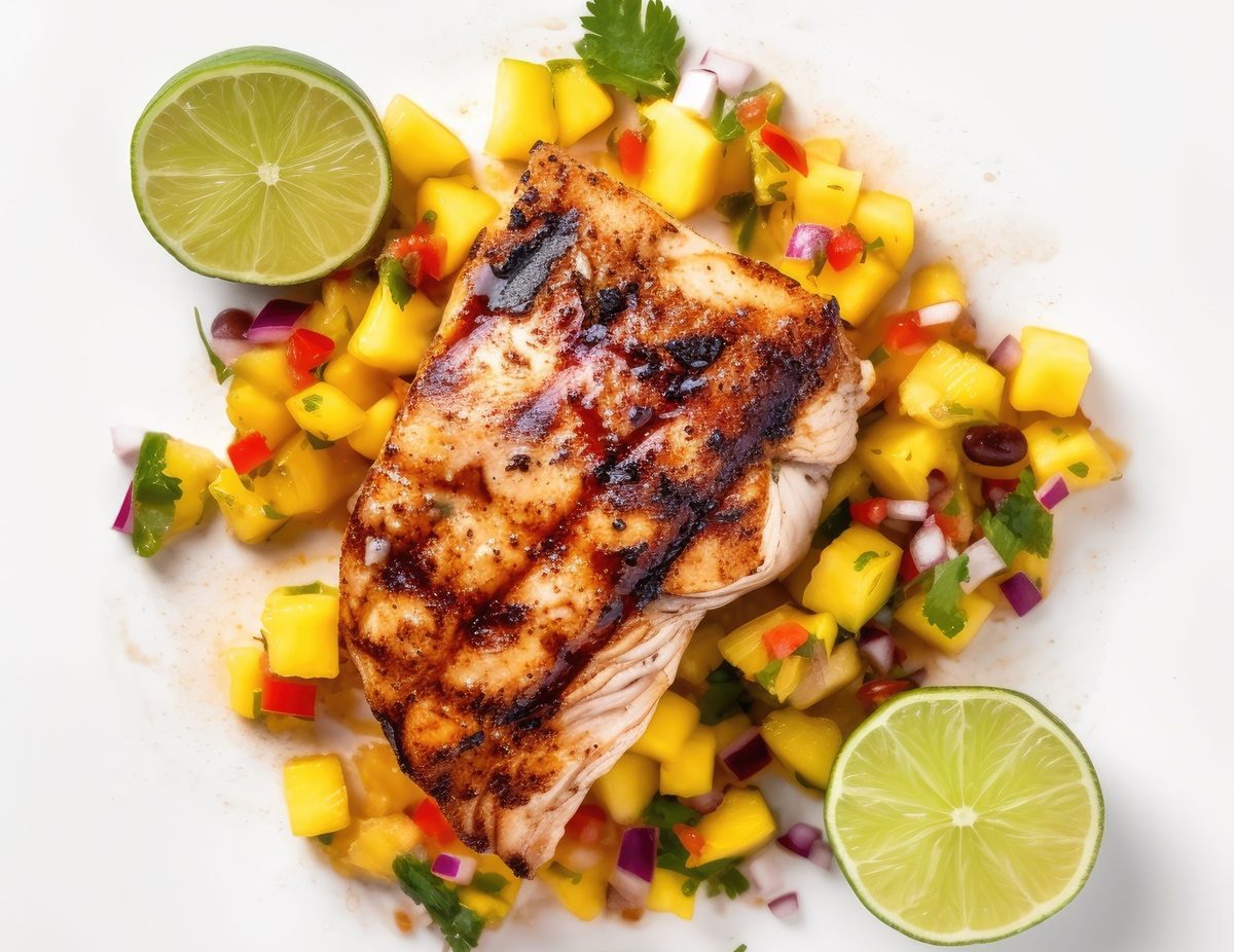 grilled mahi mahi with mango salsa isolated on white background. generative ai