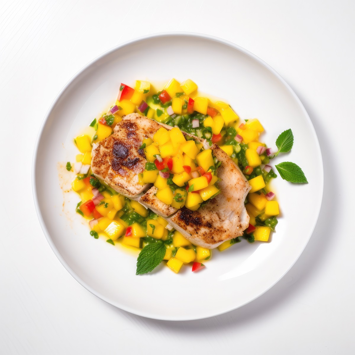 grilled mahi mahi with mango salsa isolated on white background. generative ai