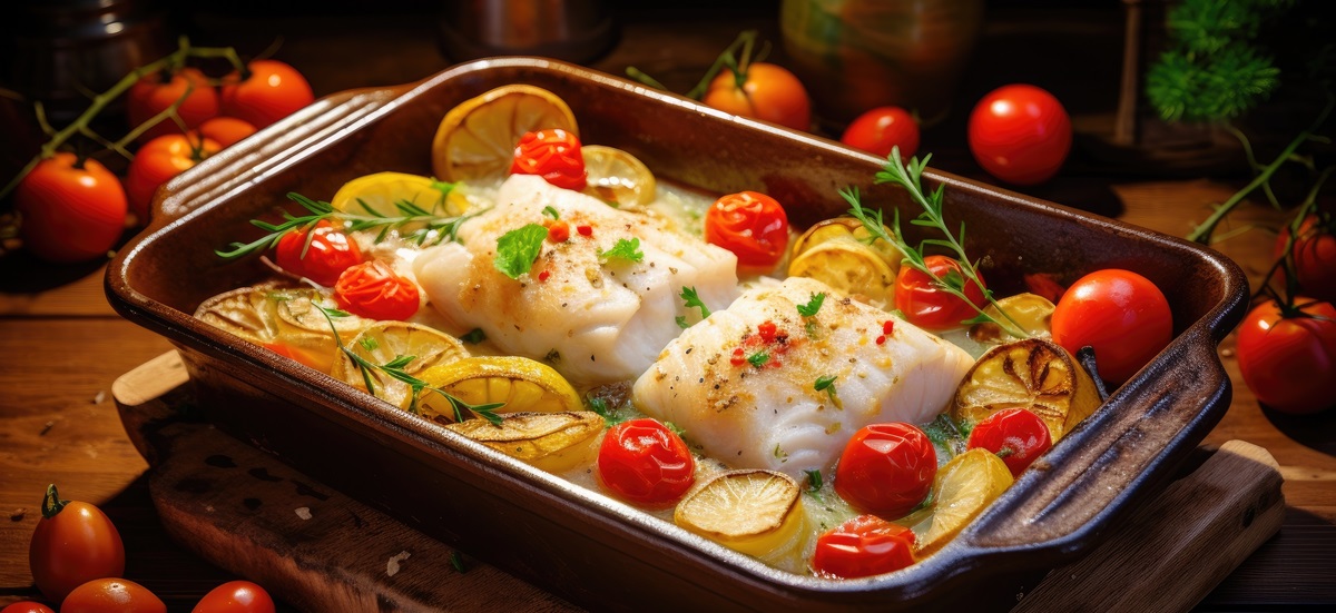 fish cod fillet grilled with potato cherry tomato wallpaper background