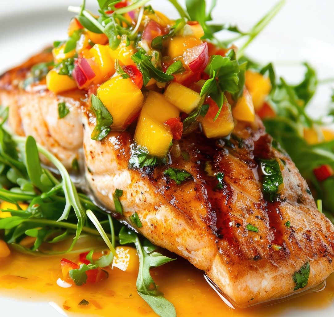 mahi mahi grilled fish fillet topped with mango salsa, garnished with cilantro and lime