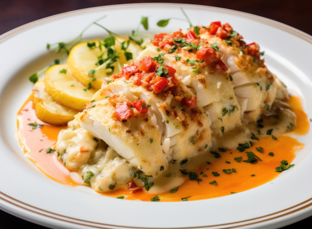 crab stuffed flounder dish with cream sauce closeup on white plate at american restaurant.