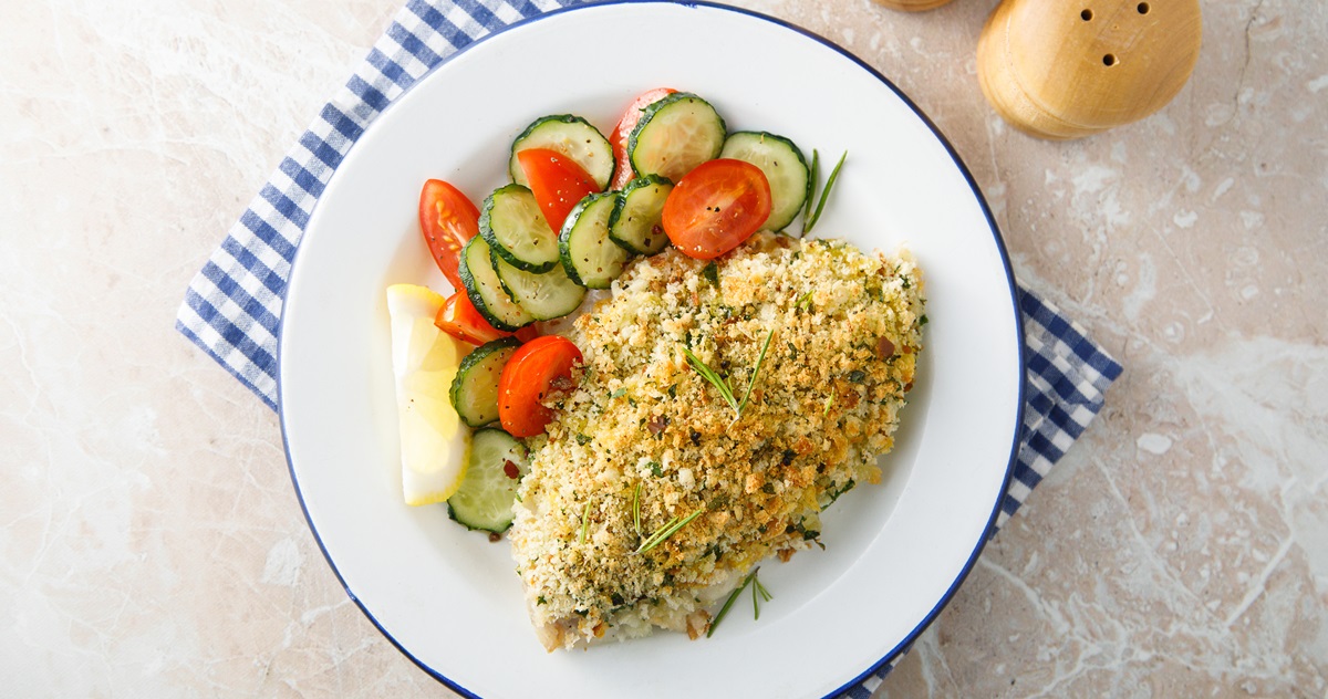 white fish fillet with garlic crumbs and rosemary