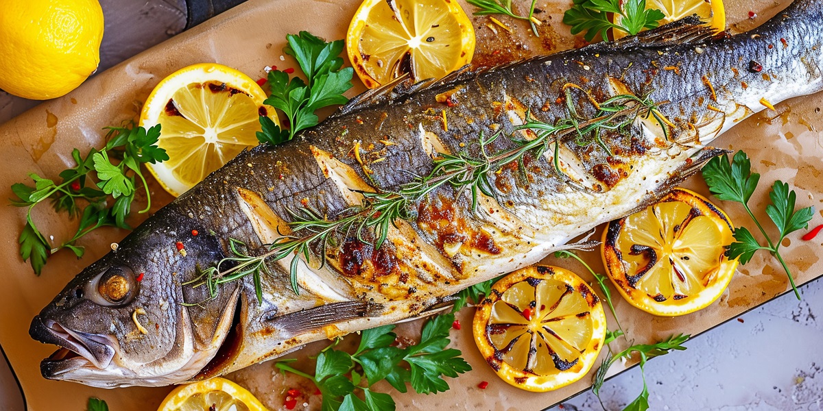 grilled sea bass with lemon slices and herbs