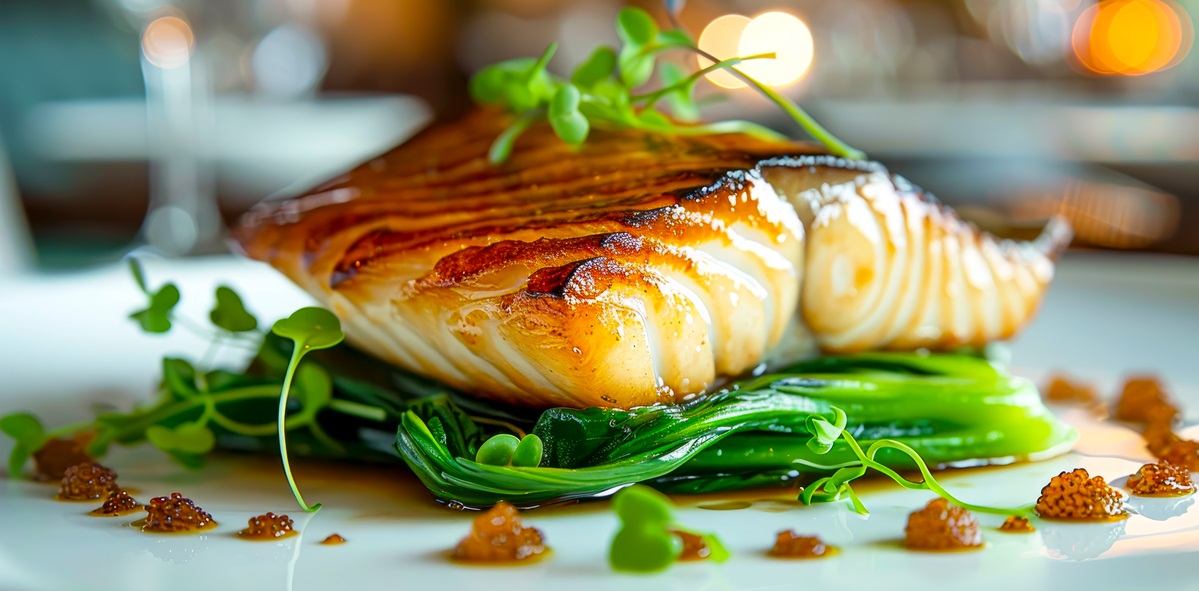 golden glazed black cod on bed of pak choi in michelin star setting