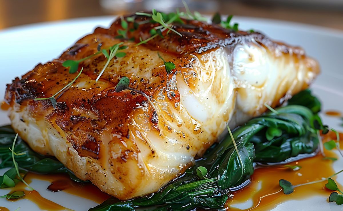 a medium full portion of black cod served on a white plate, resting on a bed of vibrant green pak choi. fish well presented with a golden brown coating.