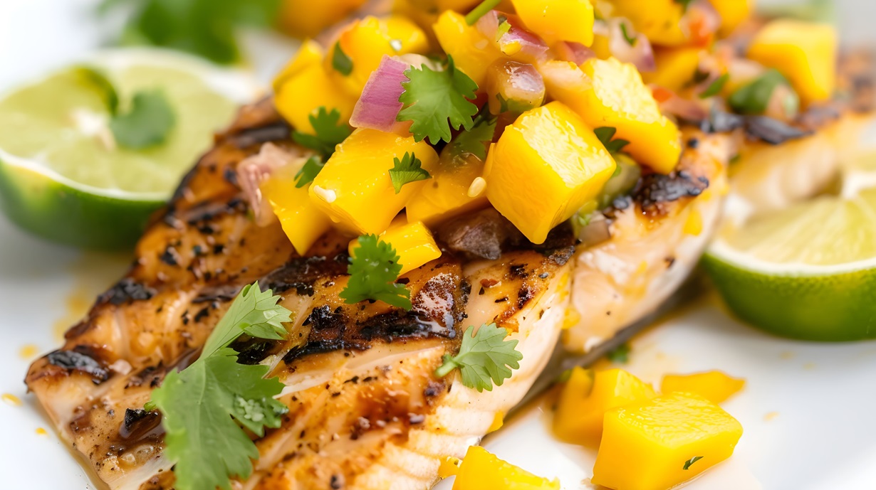 mahi mahi grilled fish fillet topped with mango salsa, garnished with cilantro and lime