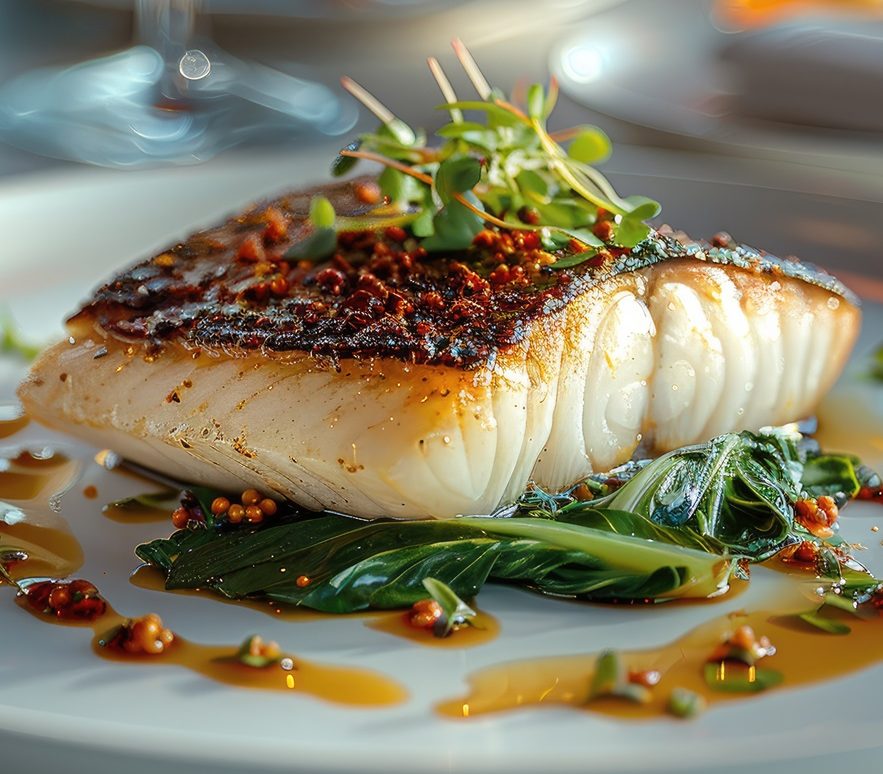 a black cod dish plated on a white plate, resting on a bed of vibrant green pak choi, garnish with microgreens. generative ai.