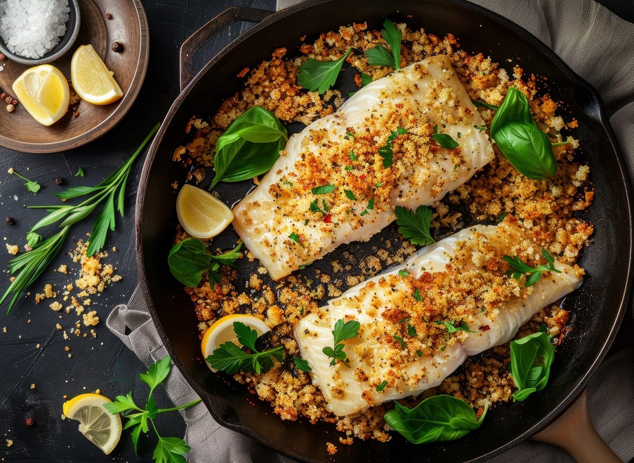 cooked tilapia with breadcrumbs in skillet dark top view