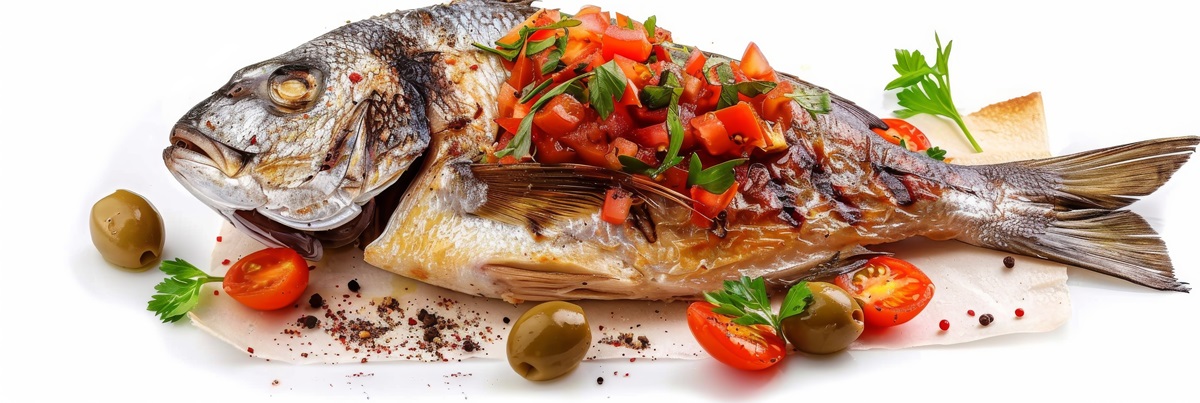 dorado baked with tomato salsa, greens and olives, whole grilled sea bream fish on rustic paper