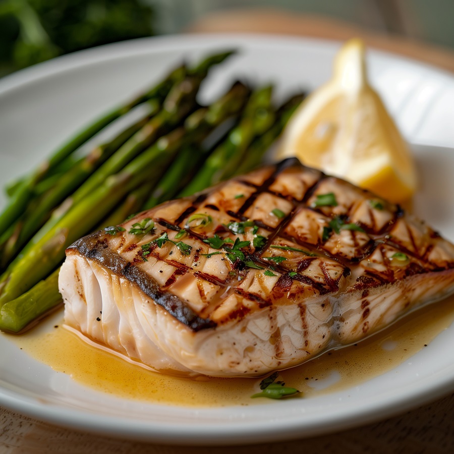 perfectly grilled swordfish steak with lemon butter sauce