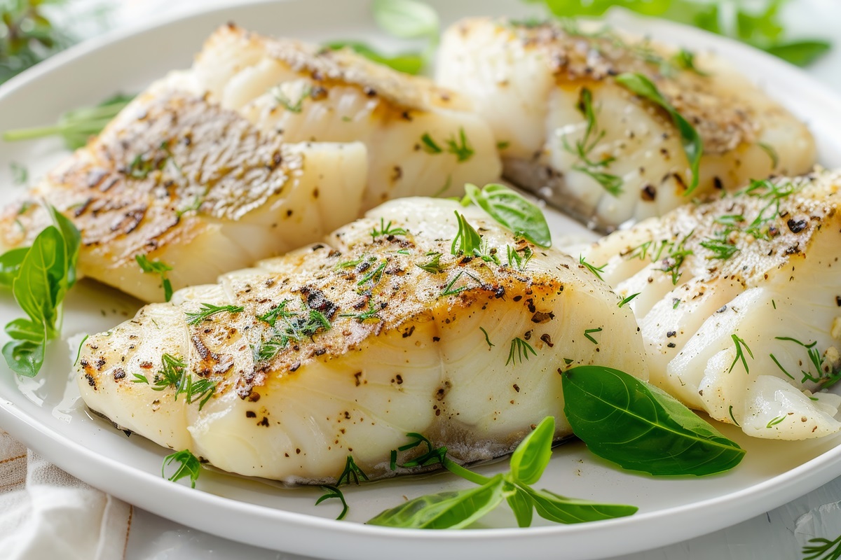 close up of herb coated white fish cutlets on white plate