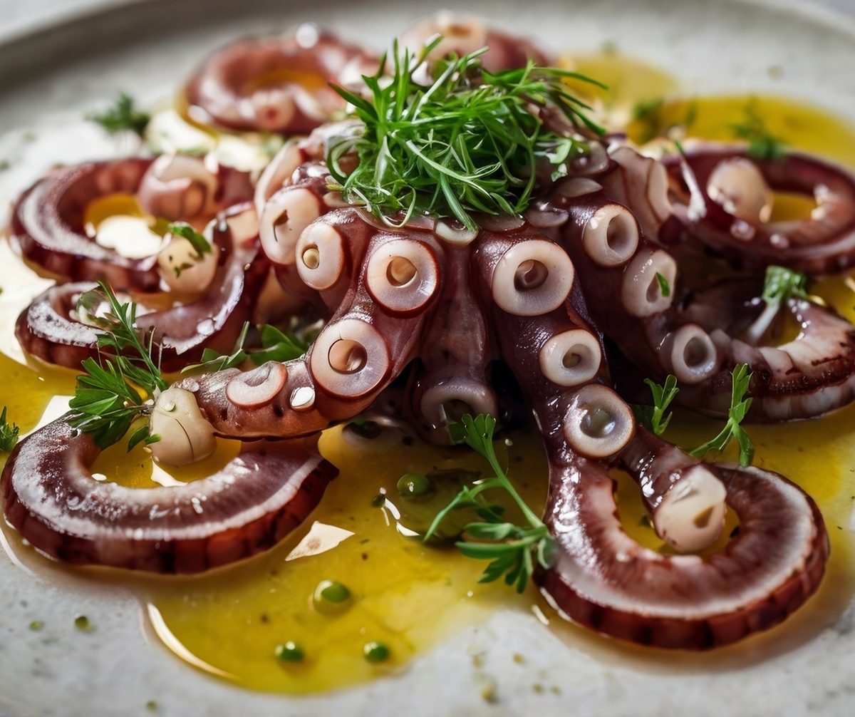 thinly sliced octopus carpaccio drizzled with olive oil and garnished with fresh dill. served on a white plate with parsley and chives, mediterranean diet.