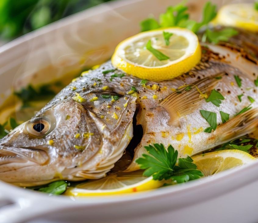 baked sea bass with lemon and parsley.