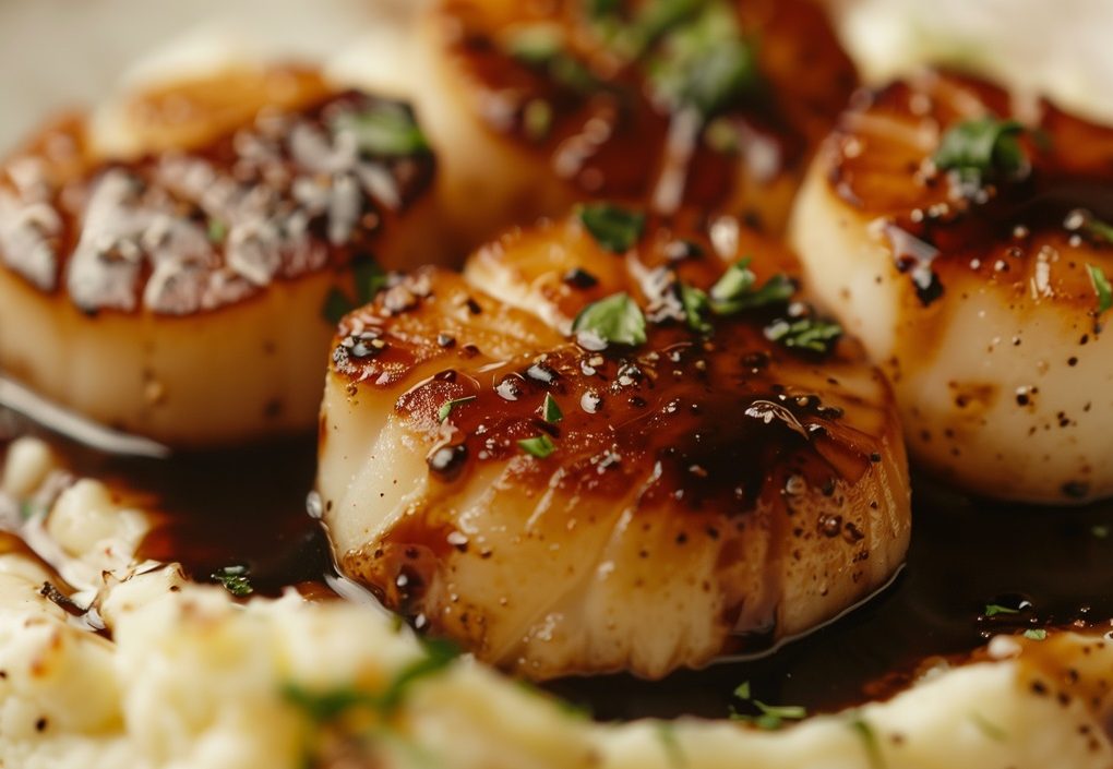 close up of seared scallops on a bed of cauliflower puree with balsamic reduction