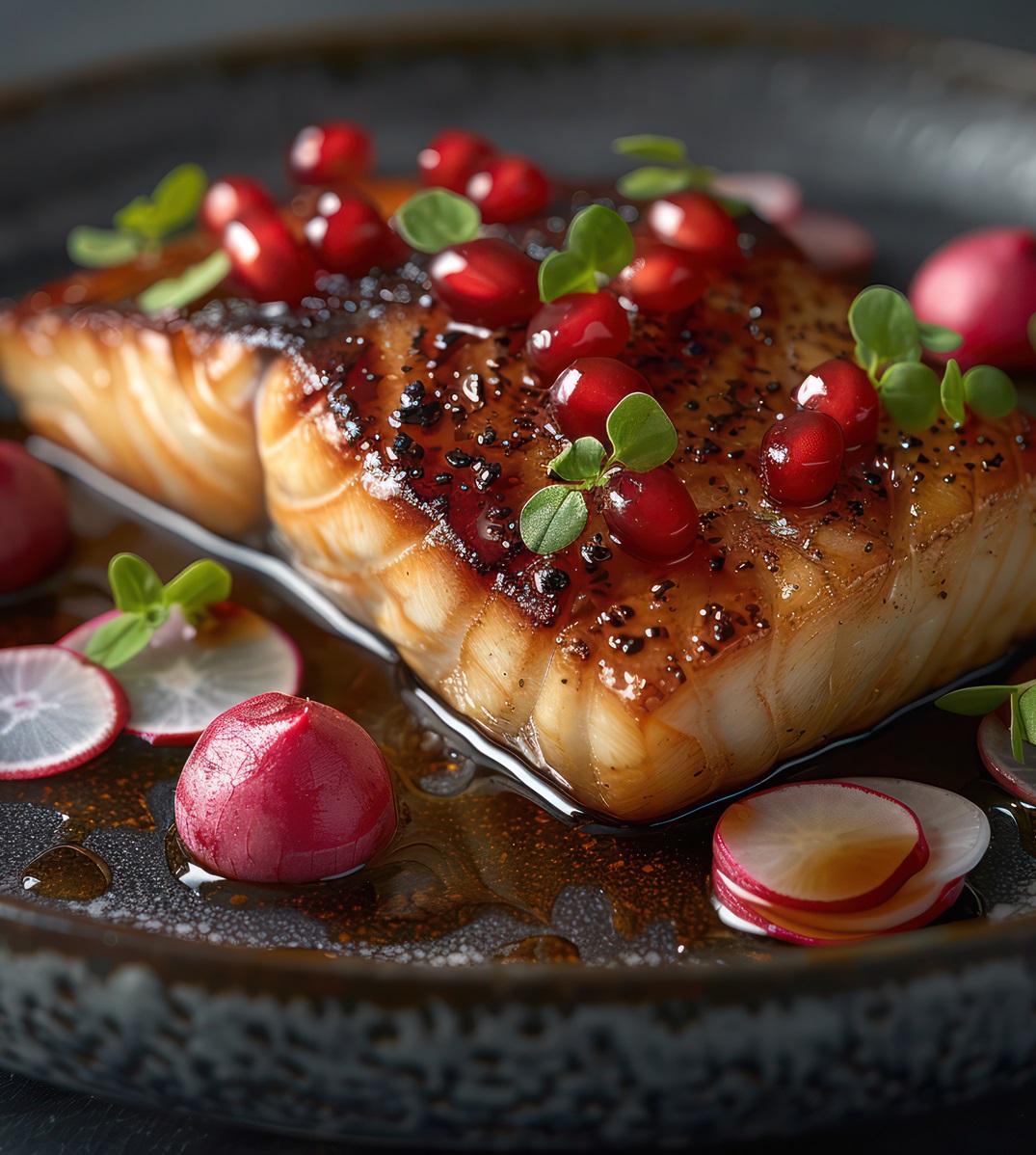 a sumptuous serving of fine dining cuisine, black cod with miso glaze and pickled radishes