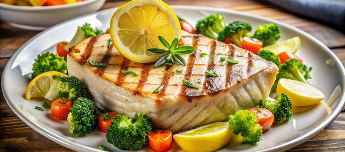 freshly grilled swordfish steak served with steamed vegetables and garnished with lemon wedges on a white ceramic plate.