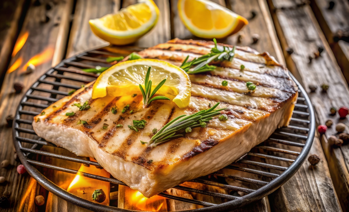 savory italian style grilled swordfish steak sizzles on a hot bbq grill, adorned with fresh herbs and lemon, against a rustic wooden planked backdrop.