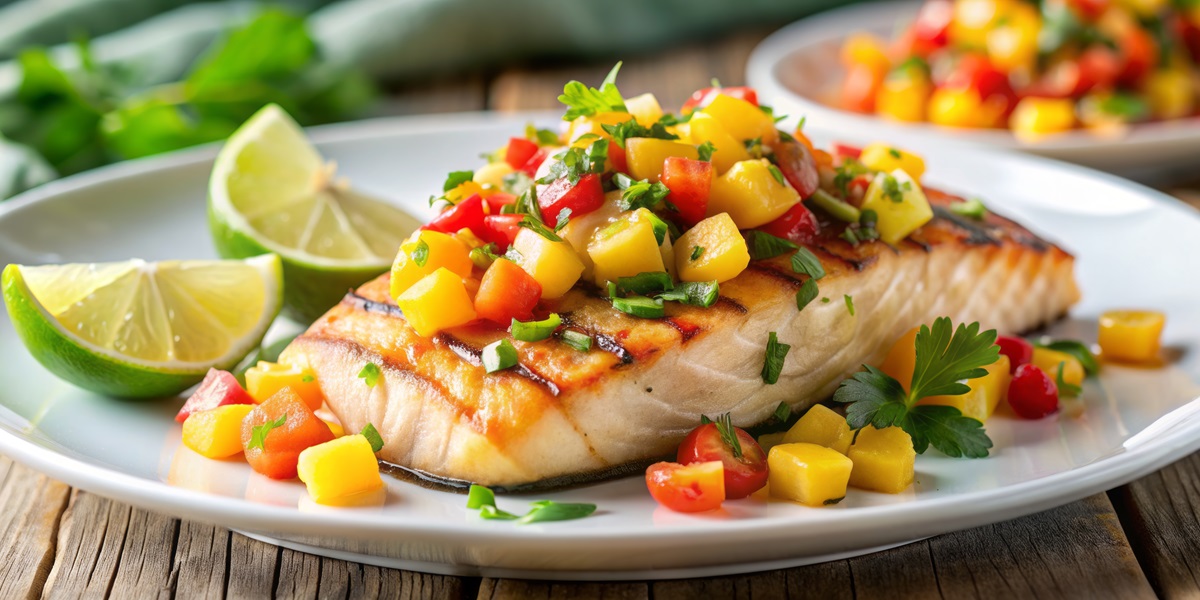 freshly grilled mahi mahi fish fillet smothered in vibrant mango salsa, sprinkled with fragrant cilantro and a squeeze of lime, served on a crisp white plate.