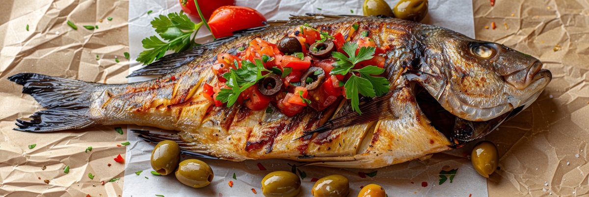 dorado baked with tomato salsa, greens and olives, whole grilled sea bream fish on rustic paper